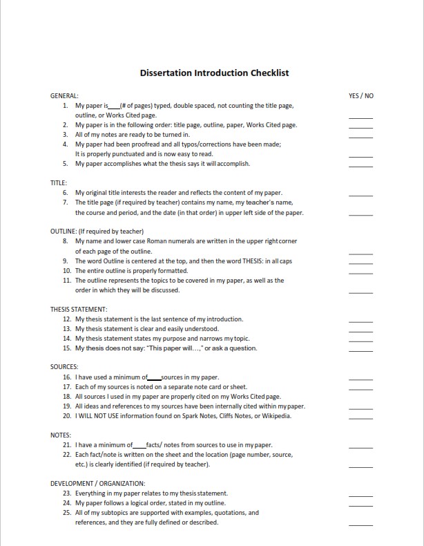 Dissertation Introduction Checklist 